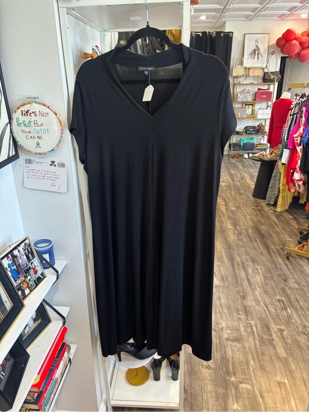Eileen Fisher Black V-Neck Short Sleeve Dress